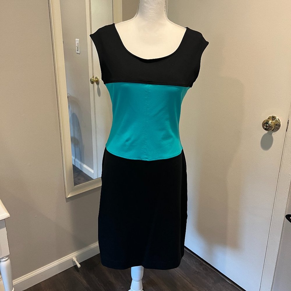 Cynthia Rowley Turquoise and Black Midi Sheath Stretch Dress, Size Medium